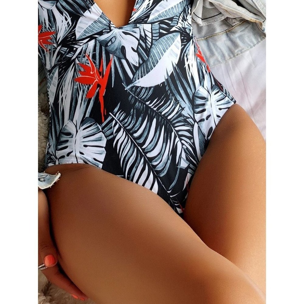 Tropical Palm Print Plunged Swimsuit - Picture 7 of 7
